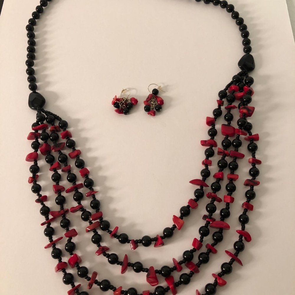 Multi-Strand Black & Red Necklace & Earrings - Picture 8 of 8